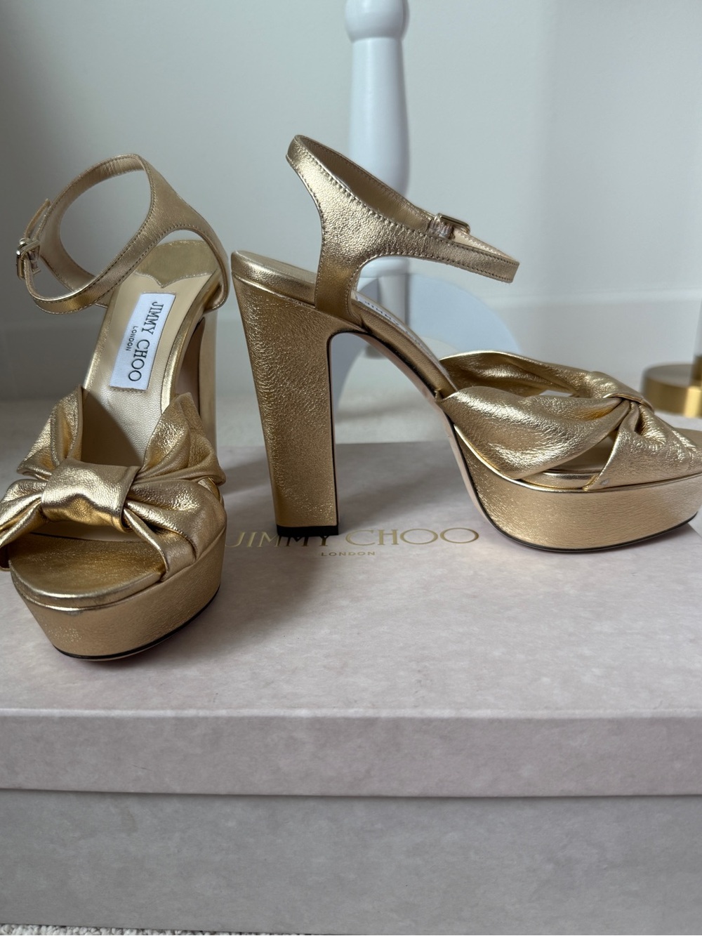 NWT Current Jimmy Choo Metallic Gold Knot Platform Sandals